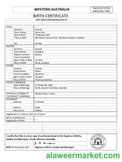 Australia Western Australia birth certificate template in Word format, version 1
